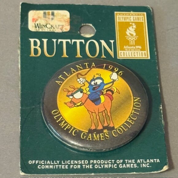 Vintage Olympics Pin 1996 Atlanta Button Gold Pinback Horse Racing Wincraft Izzy - Picture 1 of 4